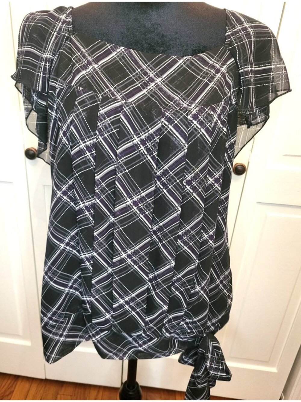 Apt 9 Black Purple Plaid Sheer Drop Waist Top M Bow Square Neck Career Office